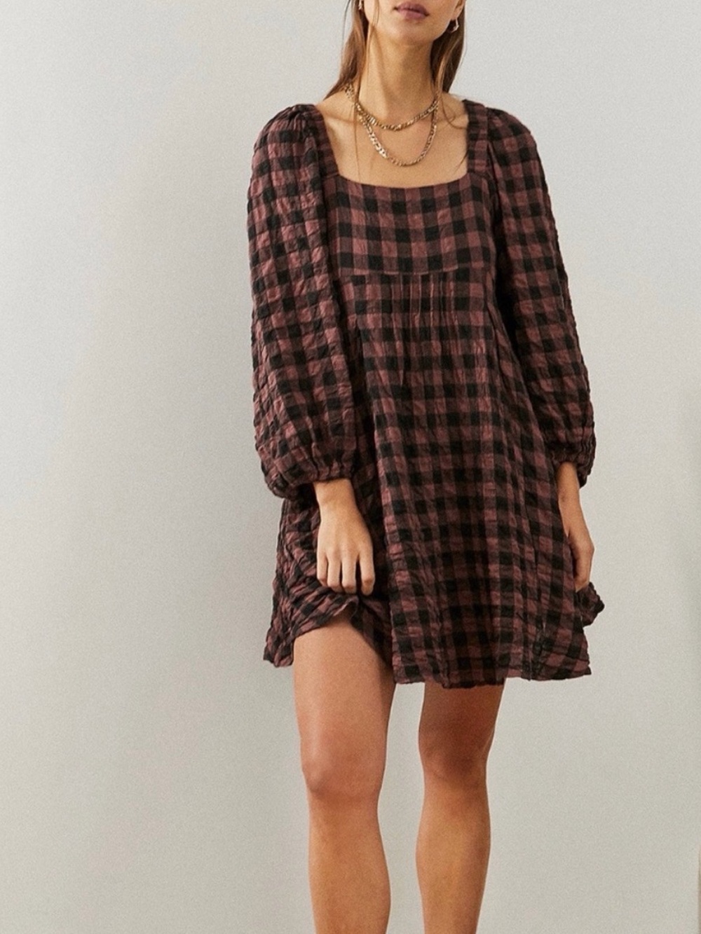 Urban Outfitters Checked Babydoll Mini Dress in Brown and Black